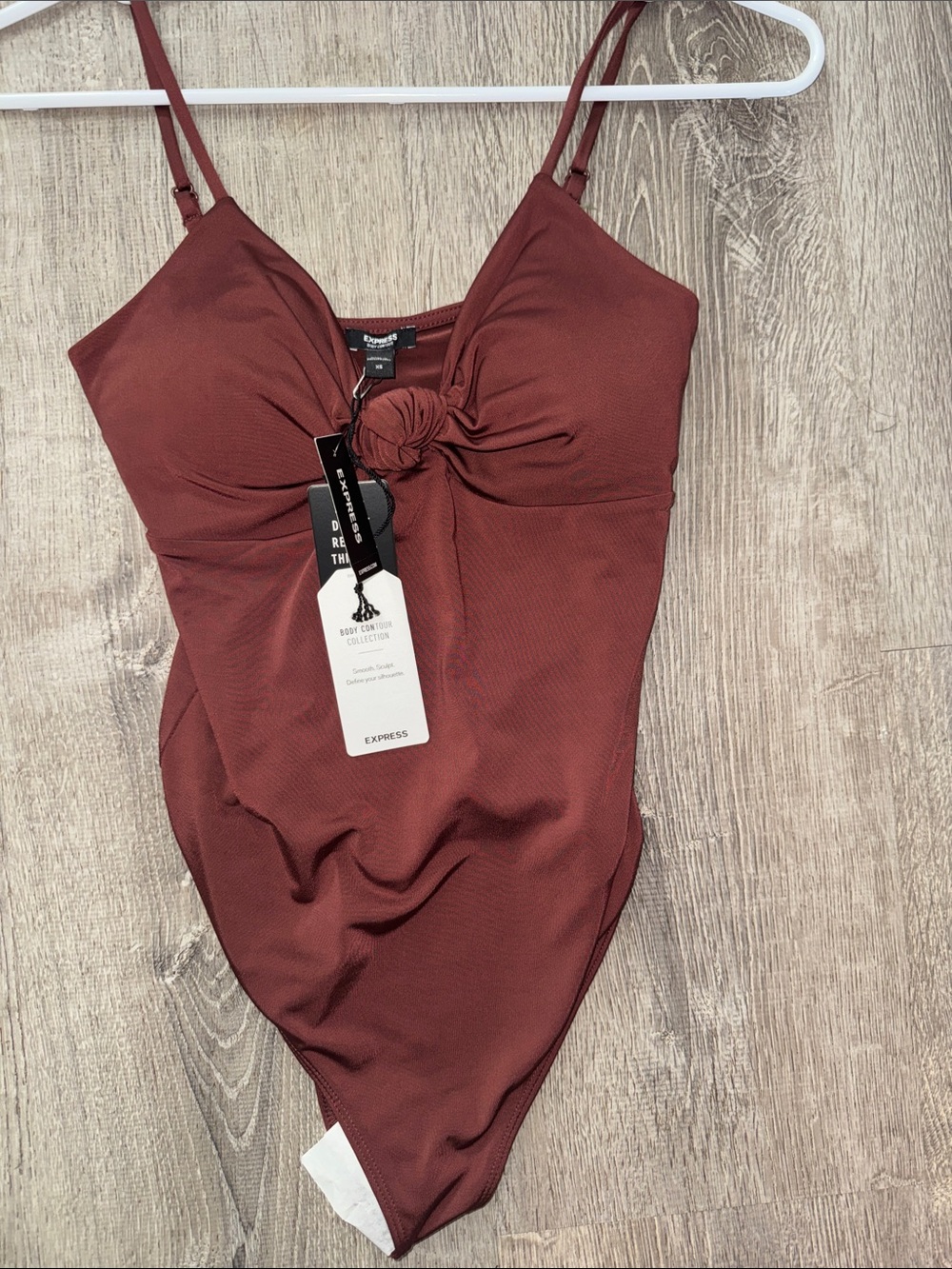 Express Twist-Knot Bodysuit in Brick Red